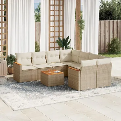 Produktbild von Design 9-tlg. Garten-Sofagarnitur mit Kissen Beige Poly Rattan, Gartenmöbel-Sets 2024 Neu