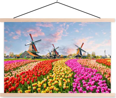 Produktbild von MuchoWow® Textilposter Windmühle - Blumen - Zaanstad 120x80 cm mit holzfarbenen Rahmen - Aufhängeset