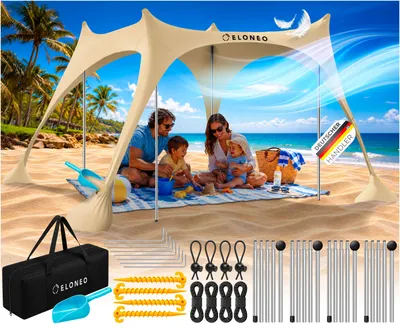 Produktbild von ELONEO Strandzelt Sonnensegel LSF 50+ UV Schutz Windschutz Strand Zubehör Zelt, Creme - 228x214x200 cm