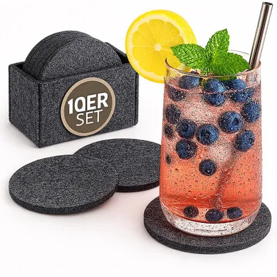 Produktbild von Filz Untersetzer rund – 10er Set in Dunkelgrau | Glasuntersetzer für Gläser, Tassen, Getränke & Bar | Rutschfest & dekorativ | Tischuntersetzer Filz