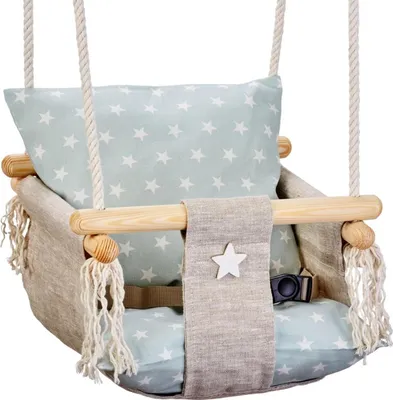 Produktbild von Love Gifts® Babyschaukel aus Holz hochwertig und geeignet als indoor Schaukel, montierbar an der Decke sowie im Türrahmen, Sterne, EU