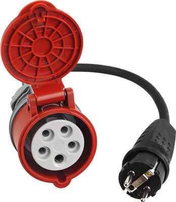 A red and black electrical adapter with a hinged cover is shown against a white background.