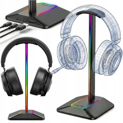 Produktbild von Kopfhörerständer, Gaming-Stativ, Aufhänger, RGB-LED-Beleuchtung, USB-Hub