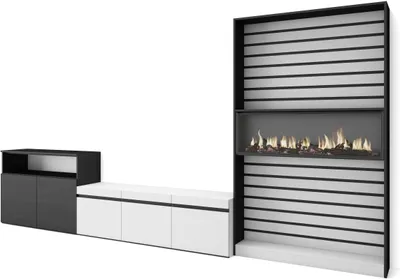 Produktbild von Wohnwand Wohnzimmer, 360x35x186cm, Für TV-Geräte bis zu 65", Elektrokamin XXL, Weiß und Schwarz