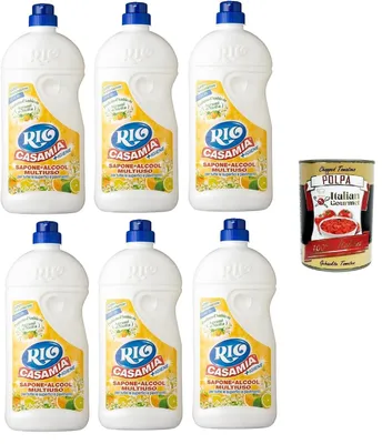 Produktbild von Rio Casa Mia +Igiene Sapone e Alcool Multiuso Agrumi di Sicilia,Reinigungsmittel für Böden und Oberflächen Sizilianische Zitrusfrüchte, 6x 1250ml + Italian Gourmet polpa 400g