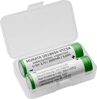 Two batteries in a clear plastic case.