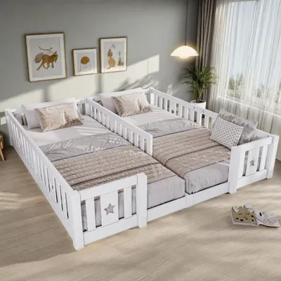 Obrázek produktu pro UnboxG Bílá dětská postel z masivního dřeva s ochrannými mřížkami – sada 2 ks, pro matrace 90 x 200 cm, bezpečná pro děti, snadná montáž, moderní design