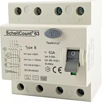 Produktbild von FI Fehlerstromschutzschalter, Typ B 63A 30mA, 0,03A, 4-polig Allstromsensitiv, FI-Schutzschalter Wallbox, RCD