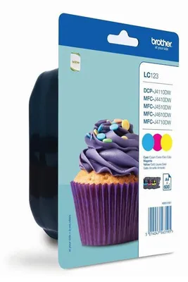 Obrázek produktu pro Brother LC123RBWBP, Azurová, Purpurová, Žlutá, Inkoust na pigmentové bázi, 3 kusů, 600 str., Balení více kusů