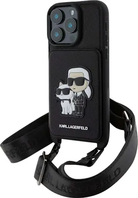 Productafbeelding van Karl Lagerfeld Saffiano schouderband. Telefoonkoffer voor iPhone 16 Pro, met afbeelding van Karl en Choupette. Kleur: zwart. One size