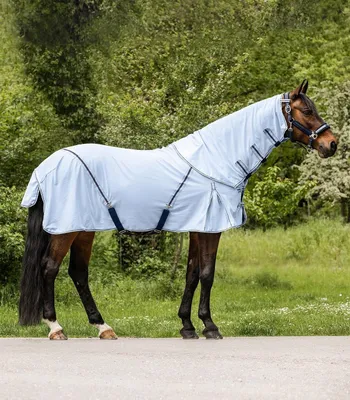 Productafbeelding van Vliegendeken met Nekdeel - Paardendeken Insecten - Bescherming Tegen Vliegen - Afneembaar Nekgedeelte - 155 cm - Lichtblauw
