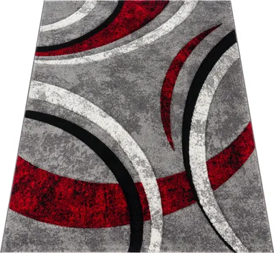 Produktbild von Designer Teppich mit Konturenschnitt Muster Gestreift Grau Schwarz Rot Meliert Grösse 200x290 cm