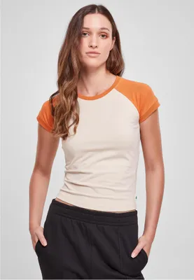 Immagine prodotto di Maglietta da donna Urban Classics Ladies Organic Stretch Short Retro Baseball Tee, colore softseagrass/vintageorange - XXL