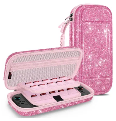Produktbild von FINTIE Tasche für Nintendo Switch 2(2025 Modell) - Tragetasche Aufbewahrungstasche Hülle Case mit 20 Spielkartenhaltern und Haltegurt für Nintendo Switch Konsole und Zubehör, Glitzerndes Rosa