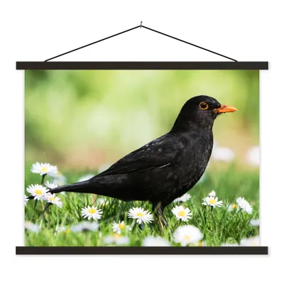 Produktbild von MuchoWow® Textilposter Vogel - Amsel - Blumen 150x113 cm mit schwarzem Rahmen - Wohnzimmer