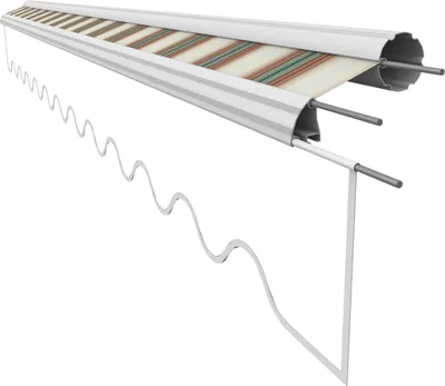 A close-up, angled view of a retractable awning fabric and its mechanism, against a white background.