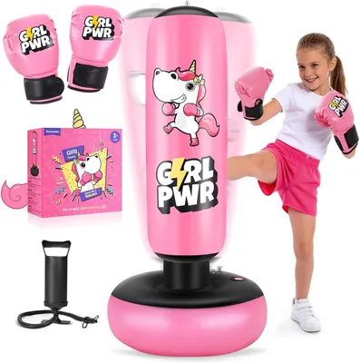 Produktbild von Aufblasbarer Boxsack, 66 Zoll aufblasbarer Boxsack für Kinder mit Boxhandschuhen für 3-12 Mädchen, stabiles Boxset zum Üben von Karate, Taekwondo