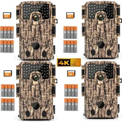 Produktbild von Wildkamera 4K 48MP Video Wildtierkameramit 32GB Karte 8 Batterien Bewegungssensor Nachtsicht 120°Weitwinkel Infrarot Wildkamera IP66 Wasserdicht 4PC