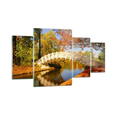 Produktbild von Bilder auf glas - Stream Fußgängerbrücke Herbst - 160x90cm - Glasbilder - Wandbilder - Kunstdruck - zum Aufhängen bereit - Wanddekoration aus Glas - Glas Bilder - Wandbild auf Glas - GDL160x90-2654