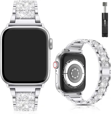 Produktbild von FFO2World Bling Armband kompatibel mit iWatch 42/44/45/46/49mm - Silber - Ersatzband mit Strass, Schmuck Metallarmband, verstellbar