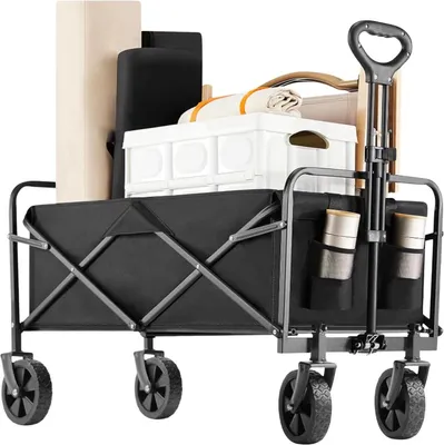 Productafbeelding van 50 liter bollewagen – Opvouwbare transportwagen met stalen frame en 600D Oxford-stof – Lichtgewicht tuintrolley en kampeerwagen met all-terrain wielen – Zwart