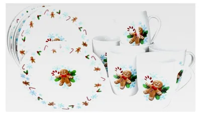 Produktbild von 12-teiliges Frühstücksset Candyman I 6 kleine Frühstücksteller & 6 Becher 320ml für 6 Personen mit eisblauem Weihnachtsdekor
