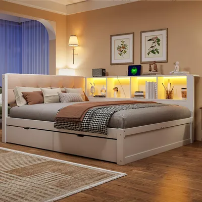 Produktbild von Daybett 140x200 cm aus Kiefernholz massiv & MDF, Tagesbett mit LED-Beleuchtung, USB, 2 Schubladen & Regal-Ablage, Stabil Geräuschlos, Weiß