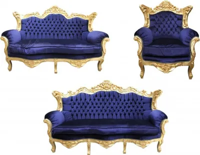Produktbild von Casa Padrino Barock Wohnzimmer Set Royal Blau /Gold - 3er Sofa+2er Sofa + 1 Sessel
