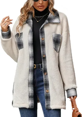 Image de ASKSA Veste polaire femme Veste en laine à carreaux Oversized Teddyfleece Veste d'hiver hiver Basic Vestes chaudes avec poches (Blanc,M)