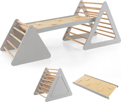 Produktbild von 3 in 1 Kletterdreieck mit Rutschbrett & Leiter, Indoor Klettergerüst klappbar, Holzdreieck Sprossendreieck Klettergerät, Kletterspielzeug Set aus Holz, für Kinder ab 3 Jahre (Grau)