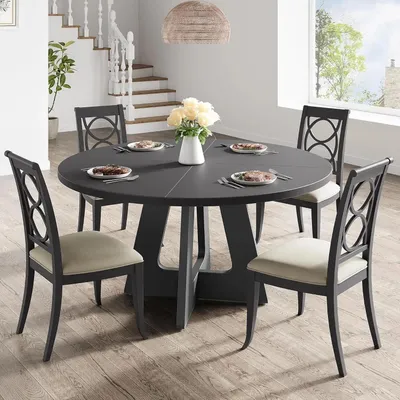 Produktbild von Runder Ess- und Küchentisch - 120 cm Durchmesser - Holz, Säulengestell - Für 4–6 Personen - Moderner Landhausstil - Schwarz
