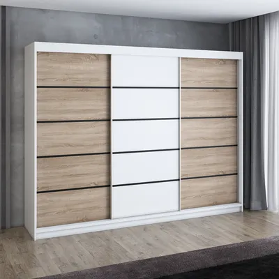 Produktbild von Schwebetürenschrank, 3-türig Schrank 200 cm mit 4 Schubladen, Retrostil  Premium! Moderne Garderobe für Kleidung. Verschiedene Farben (Weiß, Schwarz, Somona) Kleiderschrank MES