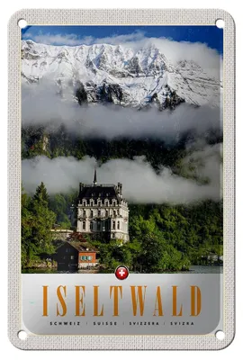 Produktbild von Blechschild Reise 12x18cm Iseltwald Gebirge Schnee Wald Schloss Schild