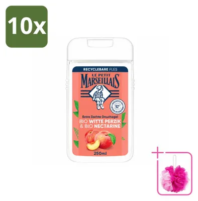 Imagen del producto de 10 unidades de gel de ducha Le Petit Marseillais, fórmula orgánica con melocotón y nectarina, 250 ml. Pack ahorro