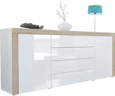 Produktbild von Vladon Sideboard Kommode La Paz,  Germany, Korpus in Weiß Hochglanz / Front in Weiß Hochglanz mit Rahmen in Eiche sägerau