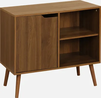 A wooden sideboard with a door and open shelves on a white background.