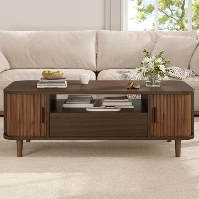 Imagen del producto de Mesa de centro Merax con 1 cajón, mesa auxiliar para sala de estar con 2 puertas abatibles y un compartimento abierto, mesa auxiliar para sofá con 4 patas de madera de nogal