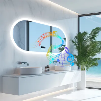 A modern bathroom vanity with a large oval mirror, sink, and faucet, featuring a tropical plant and a view of the ocean through a window.