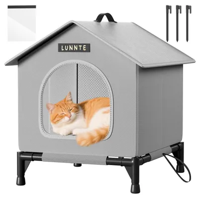 Immagine prodotto di Cuccia esterna per gatti, adatta a tutte le stagioni, resistente alle intemperie, con base rialzata, dimensioni 45x40x50 cm, colore grigio