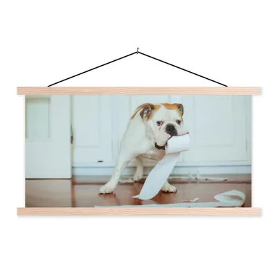 Produktbild von MuchoWow® Textilposter Hund spielt mit Toilettenpapier 120x60 cm mit holzfarbenen Rahmen - Klemmleiste