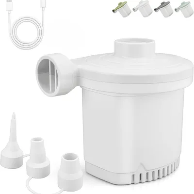 Produktbild von Aufladbare Luftpumpe mit Batteriestandsanzeige 2500mAh, 3 Düsen, 2-in-1 Inflate und Deflate Elektropumpe für Camping, Luftmatratze, Pool (Weiß)