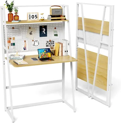 Produktbild von Klappschreibtisch mit Stecktafel,Computertisch für kleine Räume, Homeoffice Schreibtisch,Arbeitstisch,schmaler Schreibtisch mit Stauraum 80x48x138cm