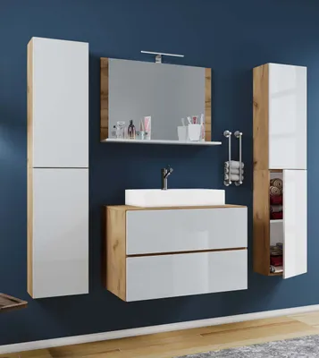 Produktbild von VCM 5-tlg. Waschplatz Waschtisch | Waschbecken Unterschrank Breite 60 cm | Badmöbel Set mit Schubladen Drehtüren Spiegel | Lendas XL Schublade