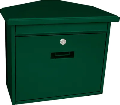 A green corner mailbox is shown against a white background.