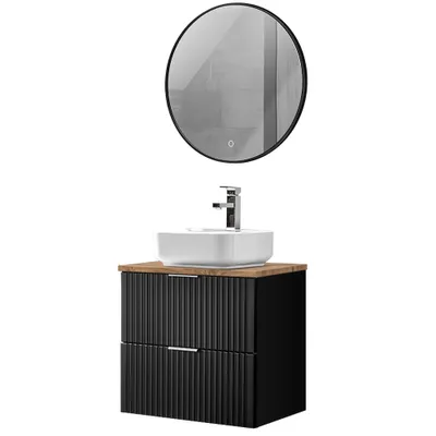 Produktbild von Waschplatz Set, 61cm breit, mit Aufsatzwaschbecken aus Keramik, gerillte Front, matt schwarz mit Eiche Nb., ADELAIDE-56-BLACK, B/H/T ca. 60,6/200/46,5 cm