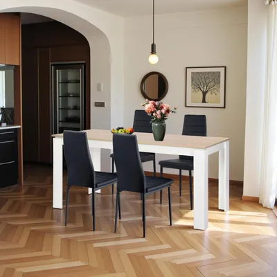 Image de Groupe de salle à manger pour 4 personnes, table de 160 cm en chêne blanc, avec 4 chaises hautes en similicuir noir