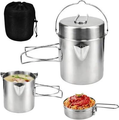 Produktbild von Camping-Kochtopf 1 Liter, Edelstahl, für 2 Personen – Tragbarer Kochtopf für Camping, Trekking, Picknick und Wandern – Ideal für Camping