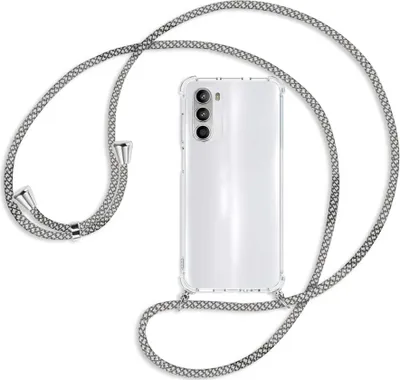 Produktbild von Handykette Backcover-Schutzhülle mit Band (Metall silberfarben) für Motorola Moto G52 / G82 - weiß/grau kariert