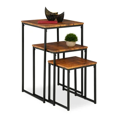 Produktbild von Relaxdays Beistelltisch 3er Set, stapelbar, Industrie Design, Satztisch 3 Größen, quadratisch, Metall, braun/schwarz