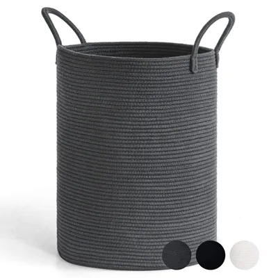 Obrázok produktu pre Košík na prádlo, pletený, veľký, 38x50 cm, tmavosivý, objem 58 litrov, vyrobený z bavlny, s rúčkami